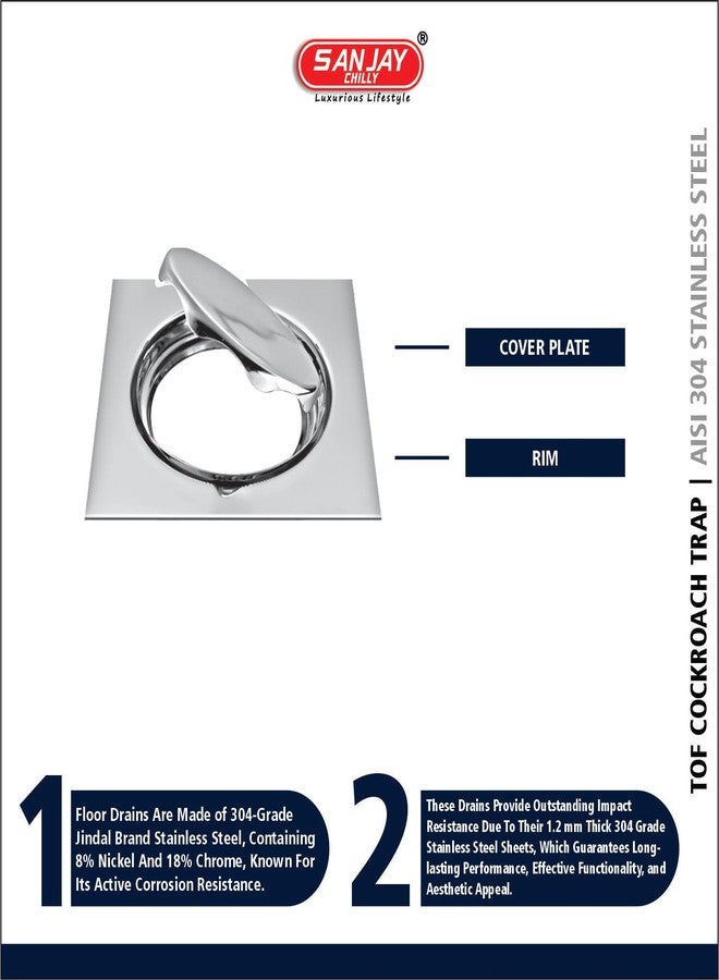 Sanjay Chilly SS Floor Drain Cover Jali for Bathroom 304 Grade Kitchen Sink Washbasin Bathtub Water Drain Strainer Laundry (Square Lifestyle Series Silver 6 x 6 Inch) - Image 3